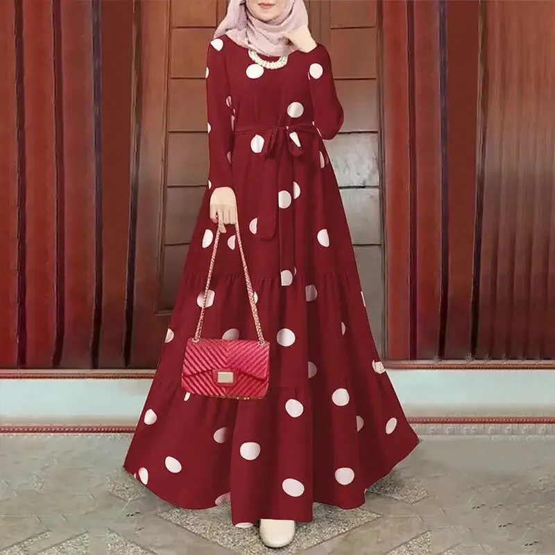 Women's Vintage Polka Dot Abaya Dress - Modest Maxi Hijab Sundress | Dubai Turkey Islamic Clothing