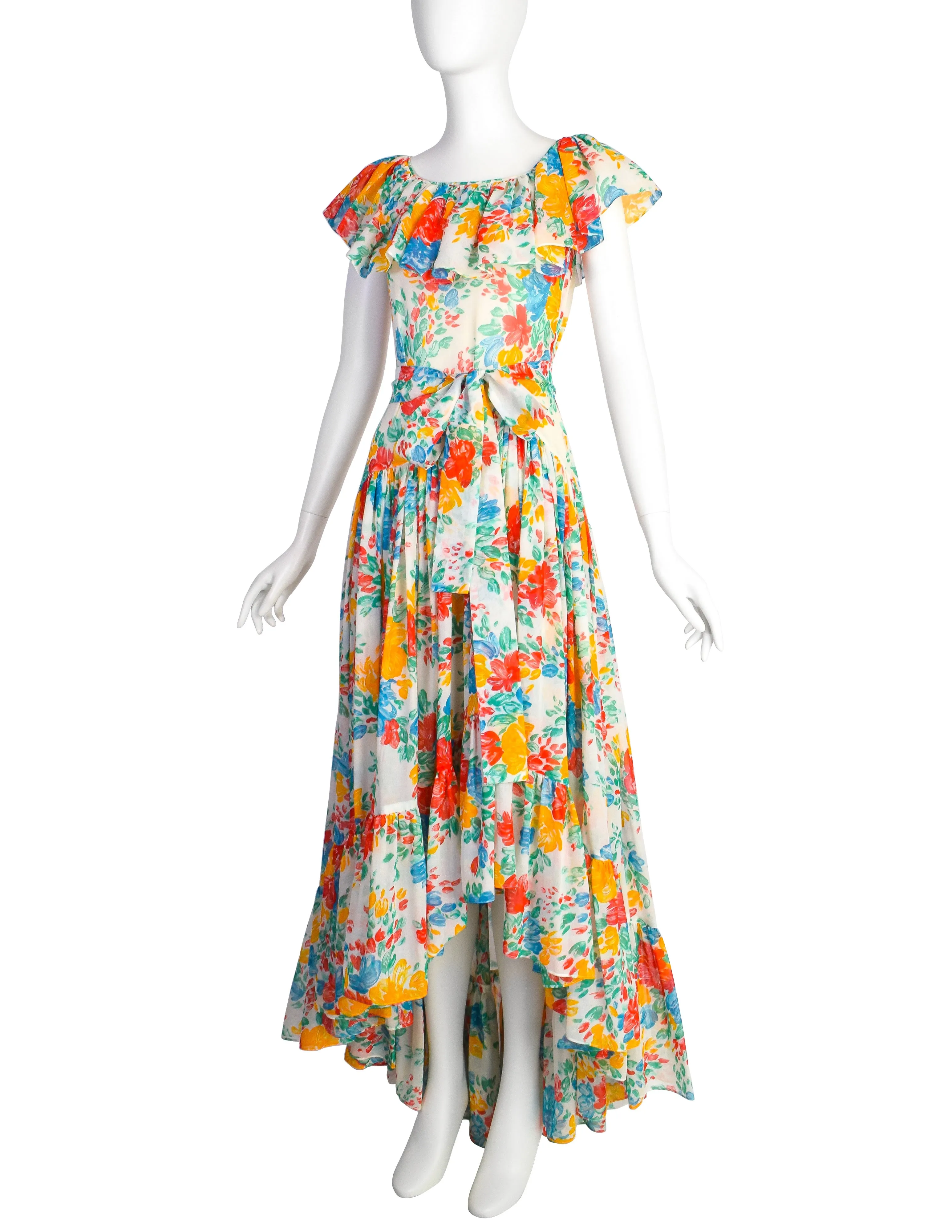 Yves Saint Laurent Vintage 1970s White Red Yellow Blue Vivid Floral Cotton Ruffle Dress