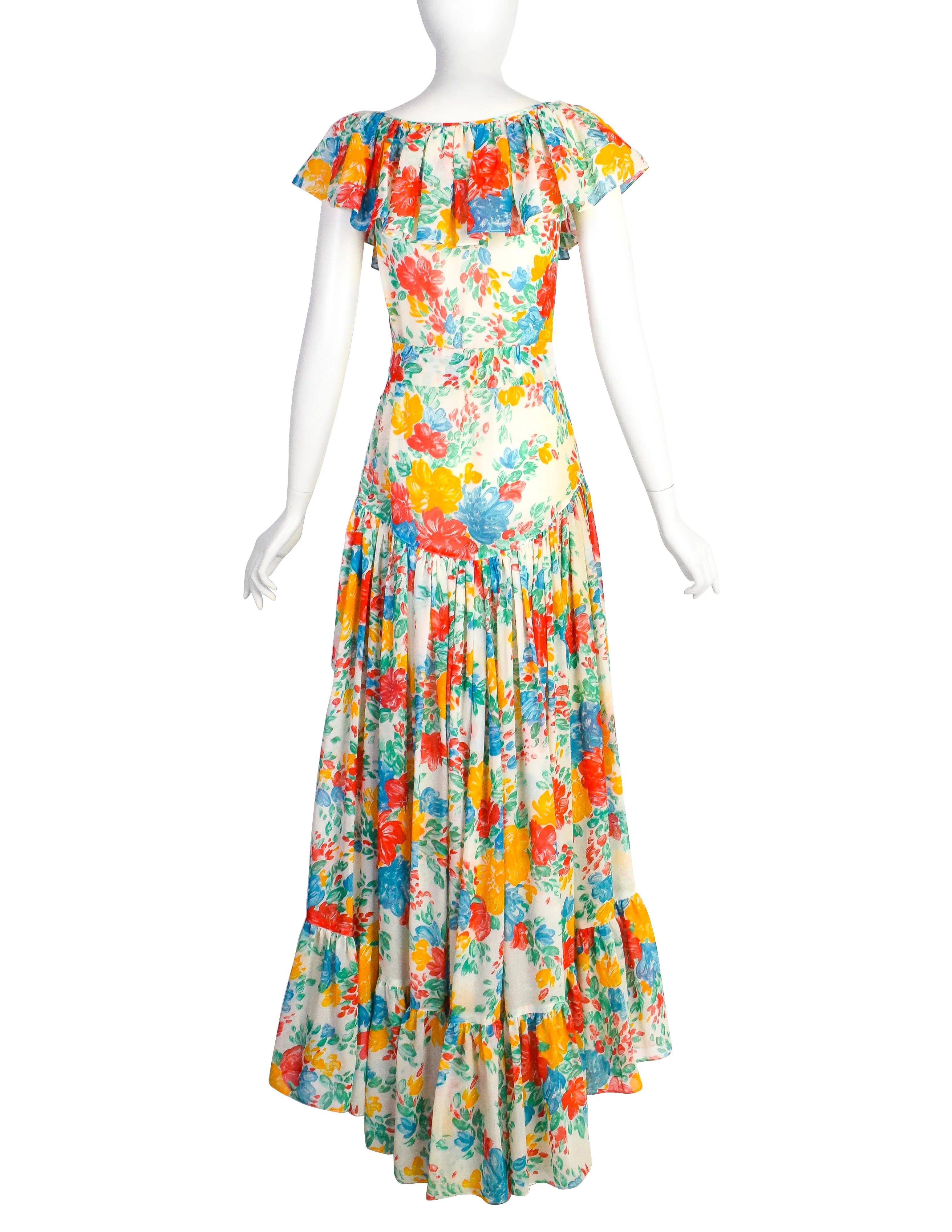 Yves Saint Laurent Vintage 1970s White Red Yellow Blue Vivid Floral Cotton Ruffle Dress