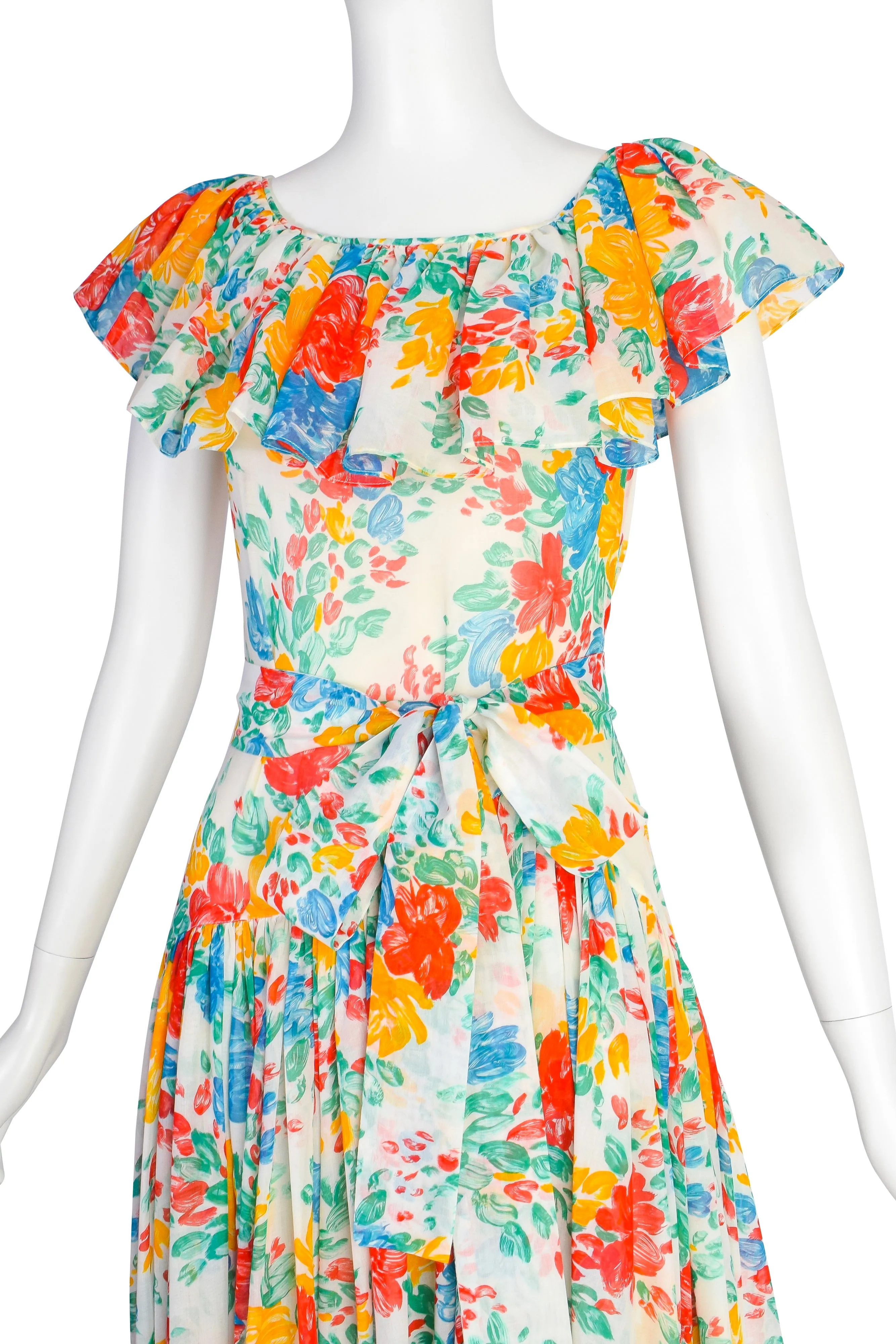 Yves Saint Laurent Vintage 1970s White Red Yellow Blue Vivid Floral Cotton Ruffle Dress