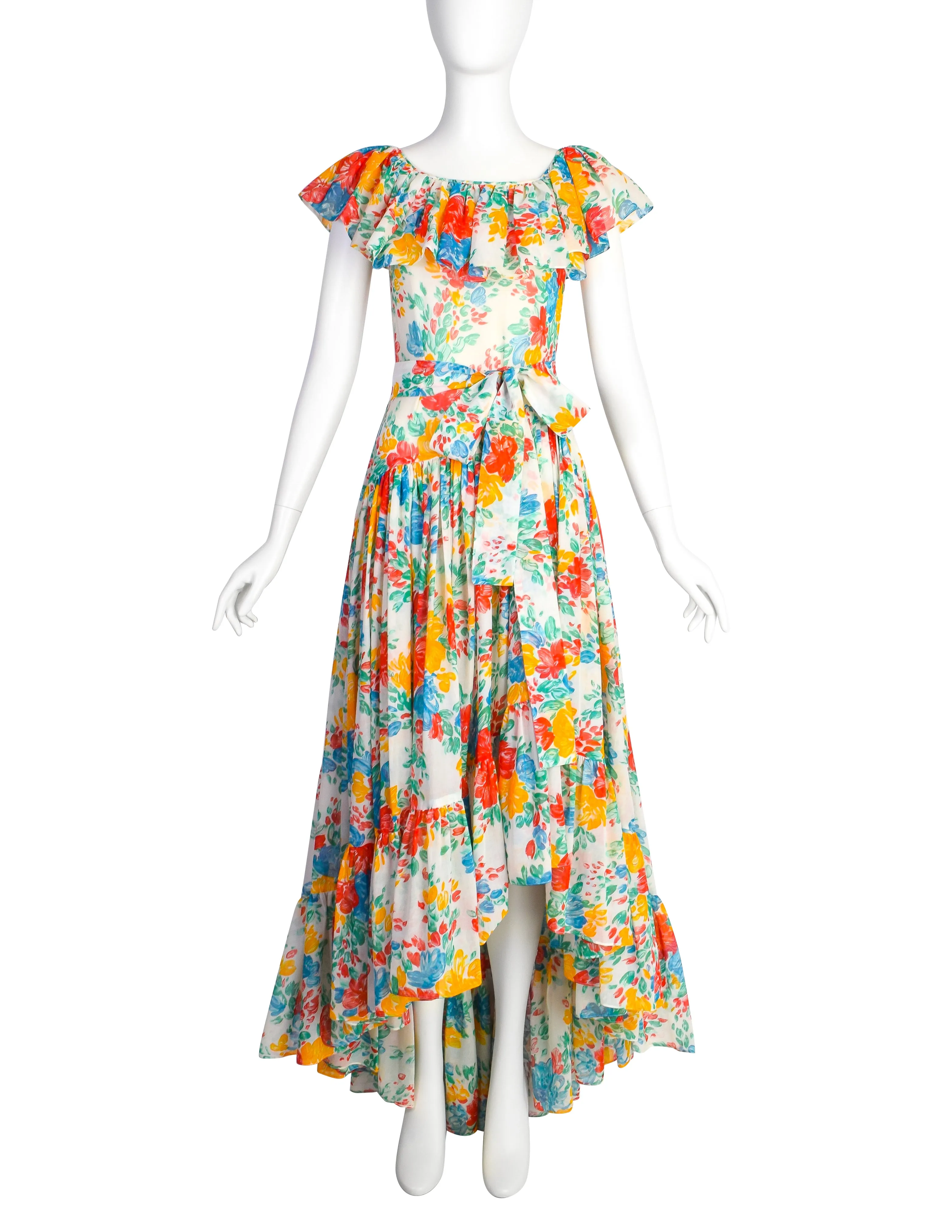 Yves Saint Laurent Vintage 1970s White Red Yellow Blue Vivid Floral Cotton Ruffle Dress